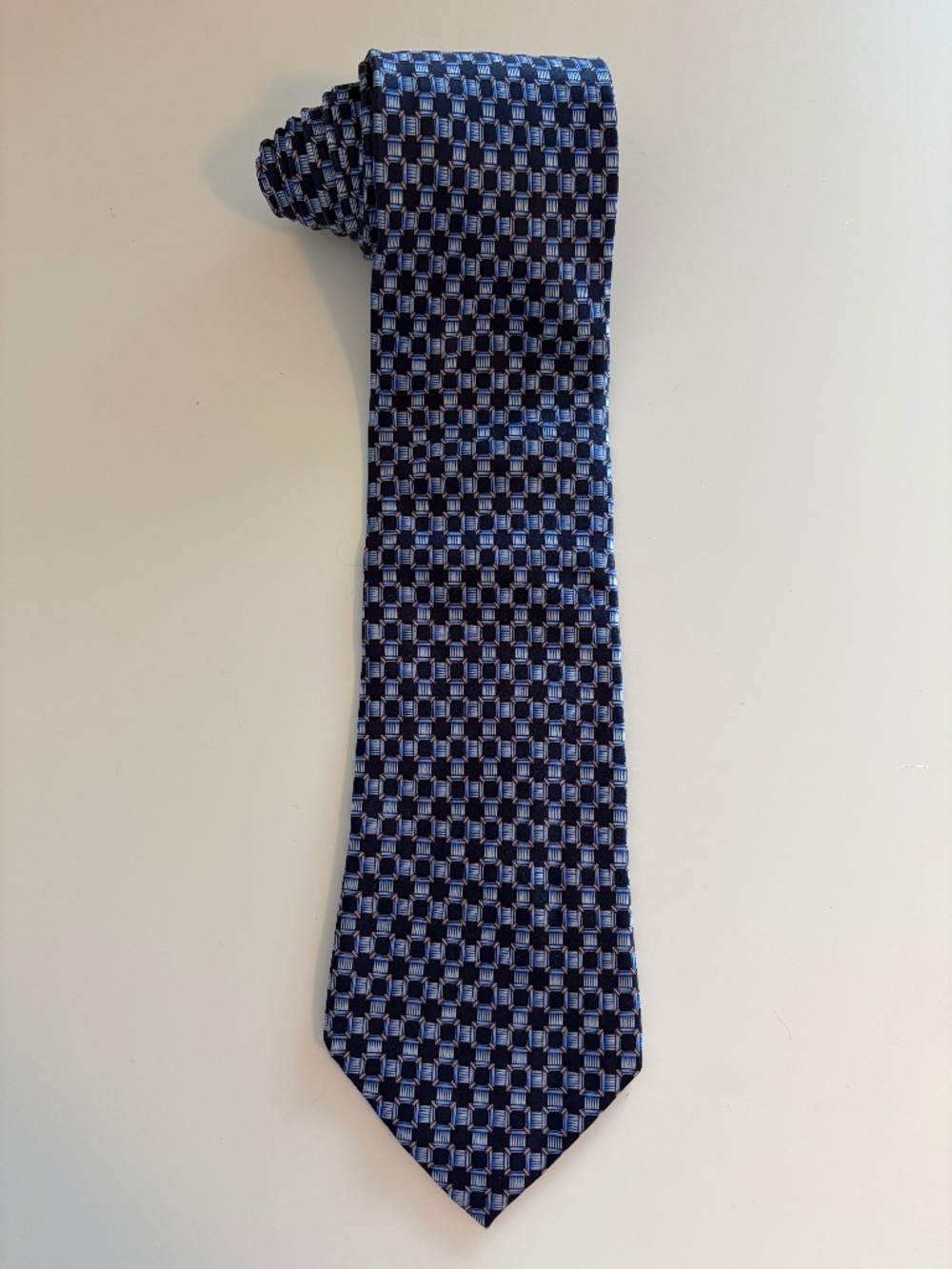 Barneys New York Silk Tie Navy Blue Geometric Square Pattern 4" Luxury Designer